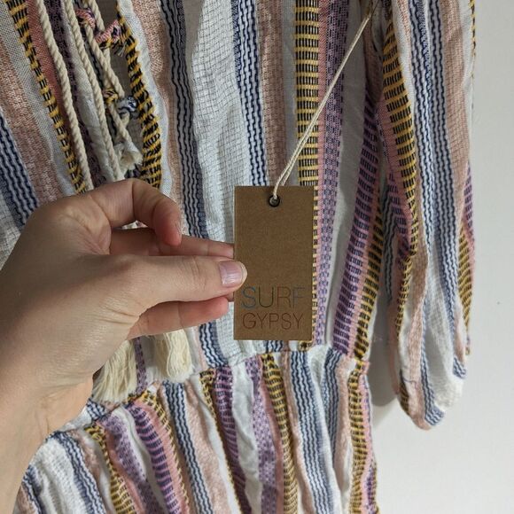 Surf Gypsy Striped Lace Up Front Boho Beachy Tassel Romper NWT Women's Size M - Picture 7 of 9